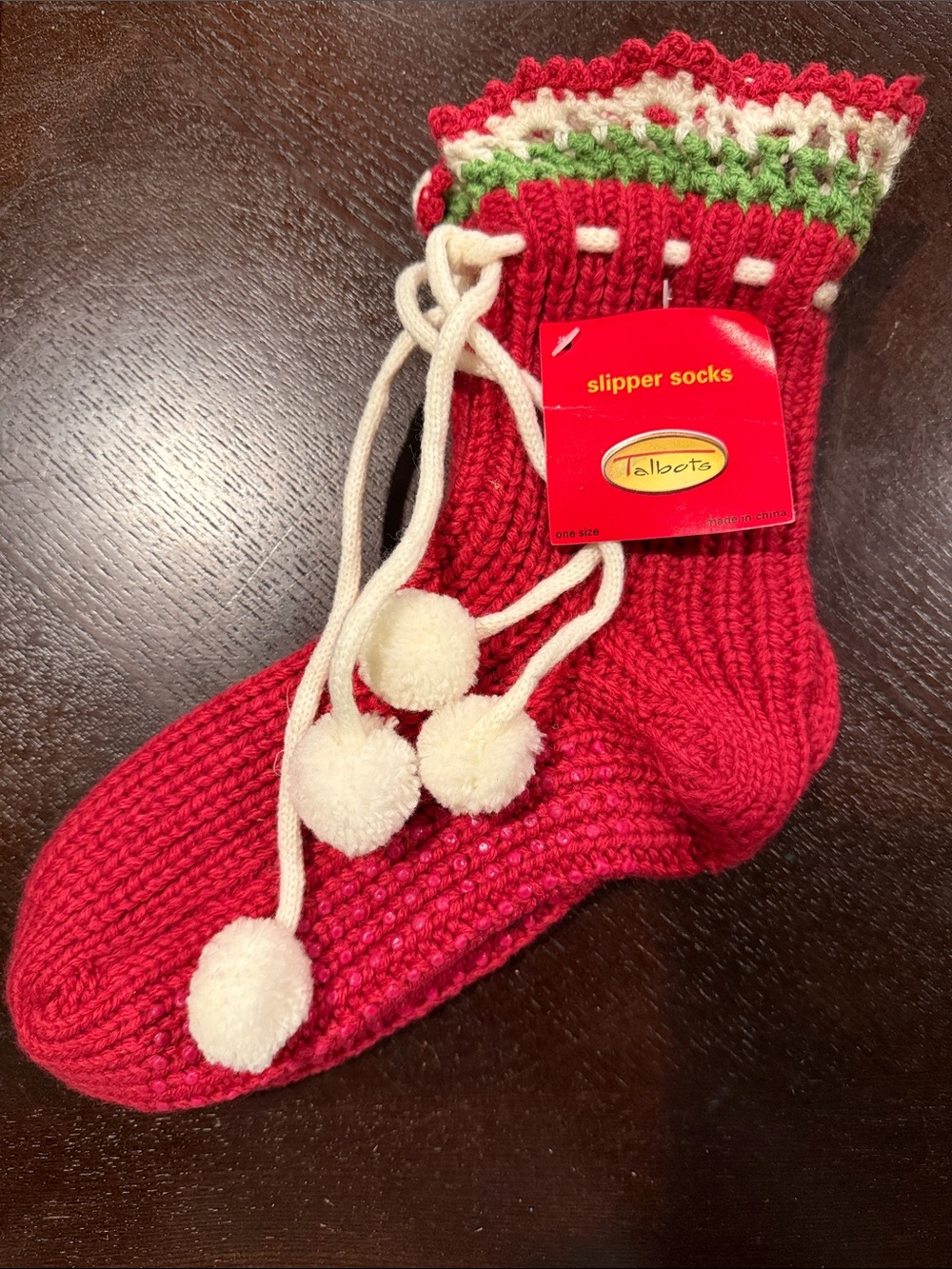 Talbots Red Knit Kids Pom-Pom Slipper Socks no slip bottom NWT